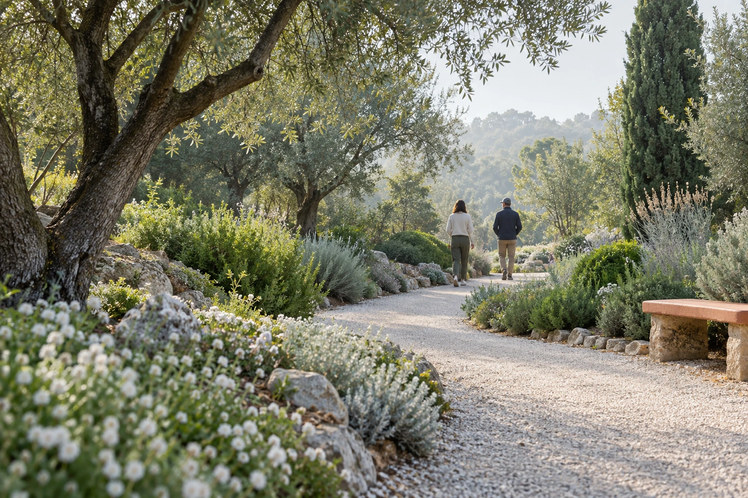 A quiet garden path in warm light.