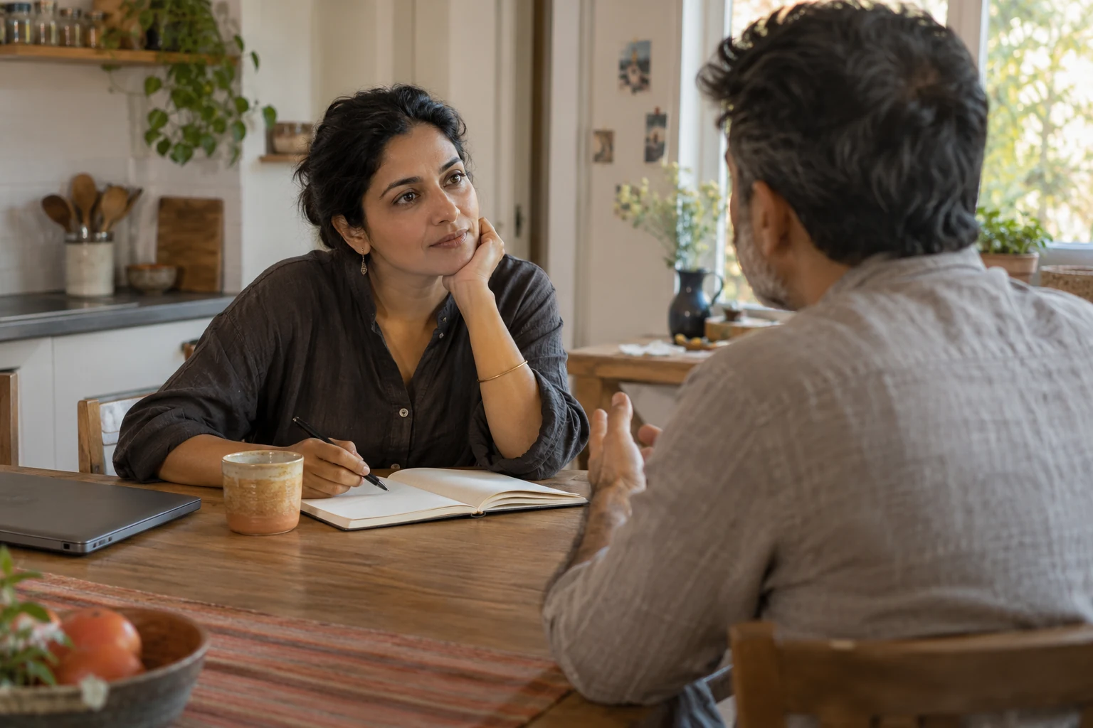 An illustrative scene of two fictional adults taking time to talk at home.