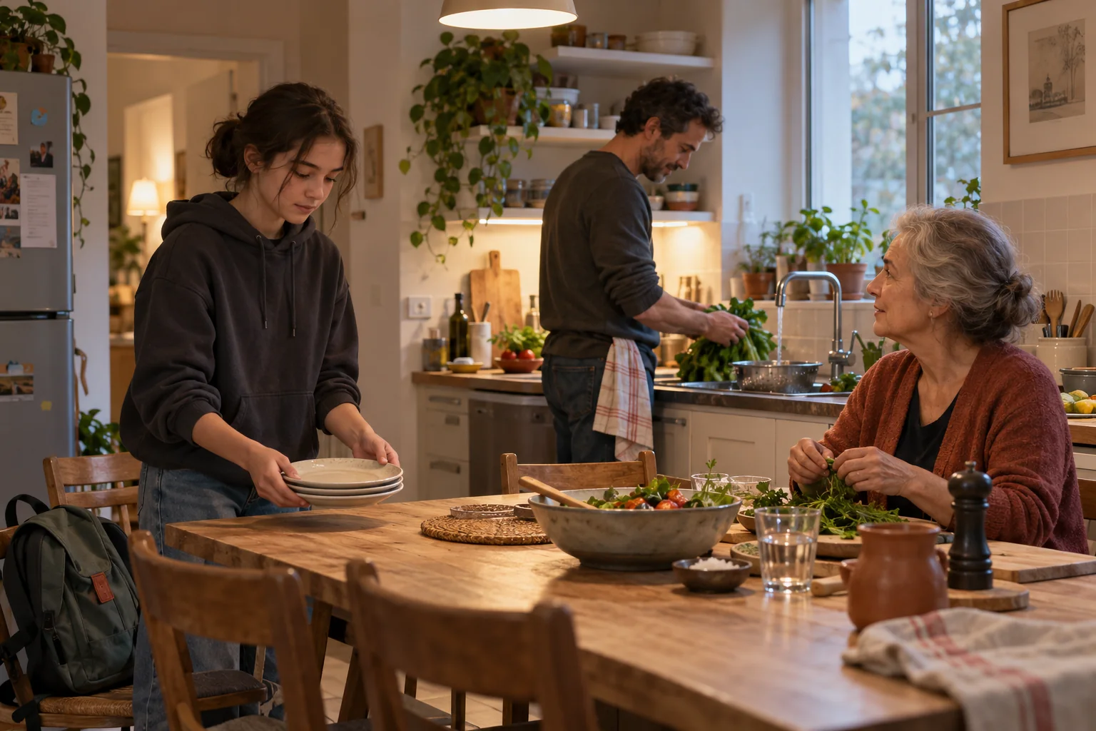 Illustrative scene: three generations share the work of making a meal.