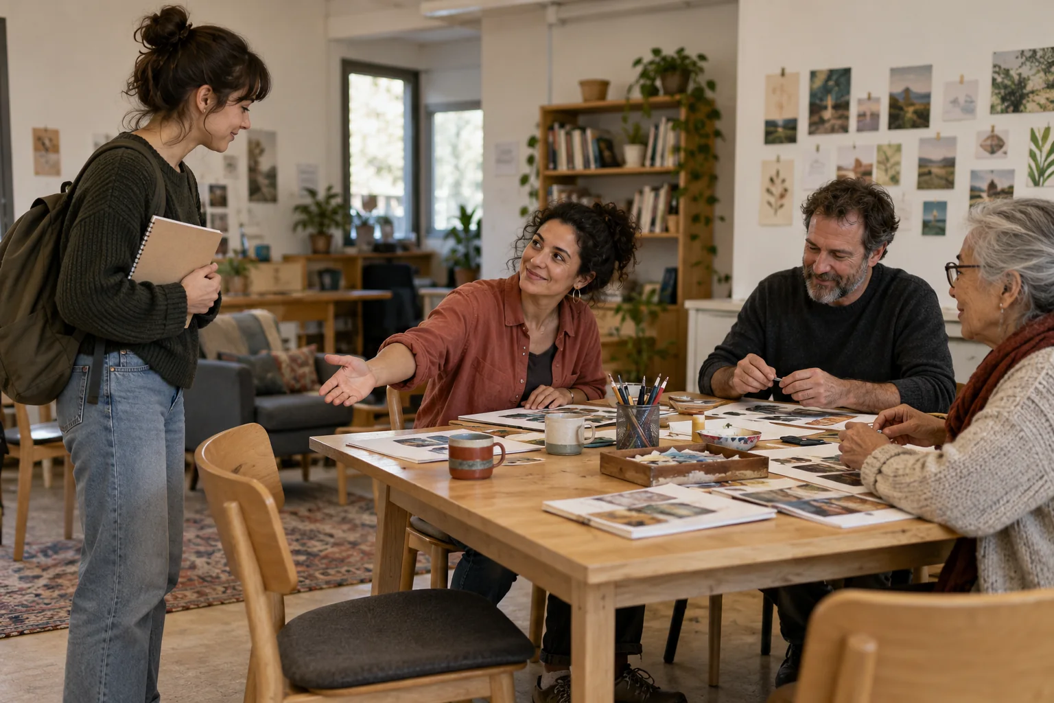 Illustrative scene: a young adult is welcomed to an open chair at a shared table.