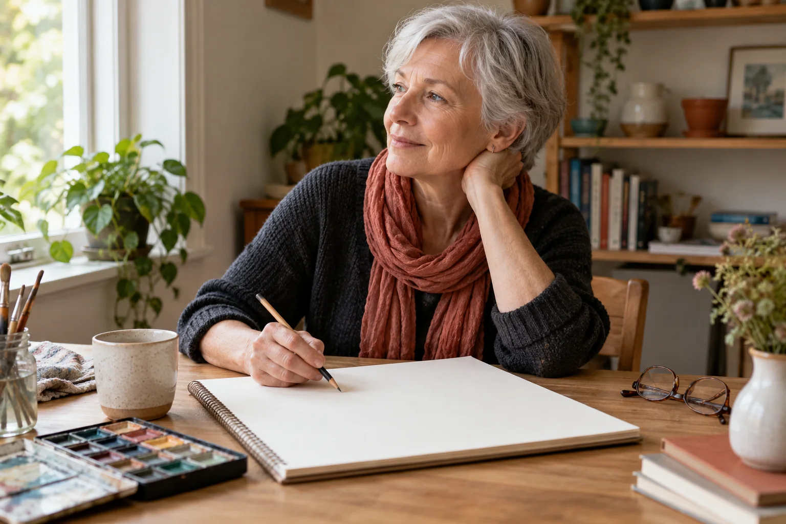 Illustrative scene: an older woman pauses over a blank sketchbook.