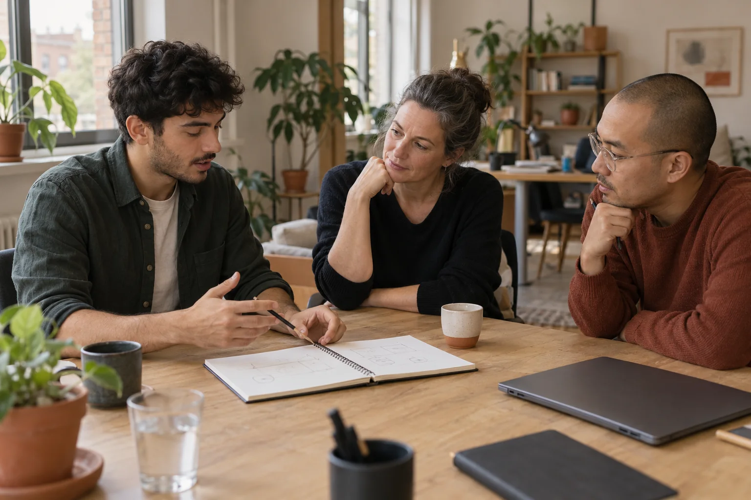Illustrative scene: two colleagues listen as a younger colleague shares an idea.